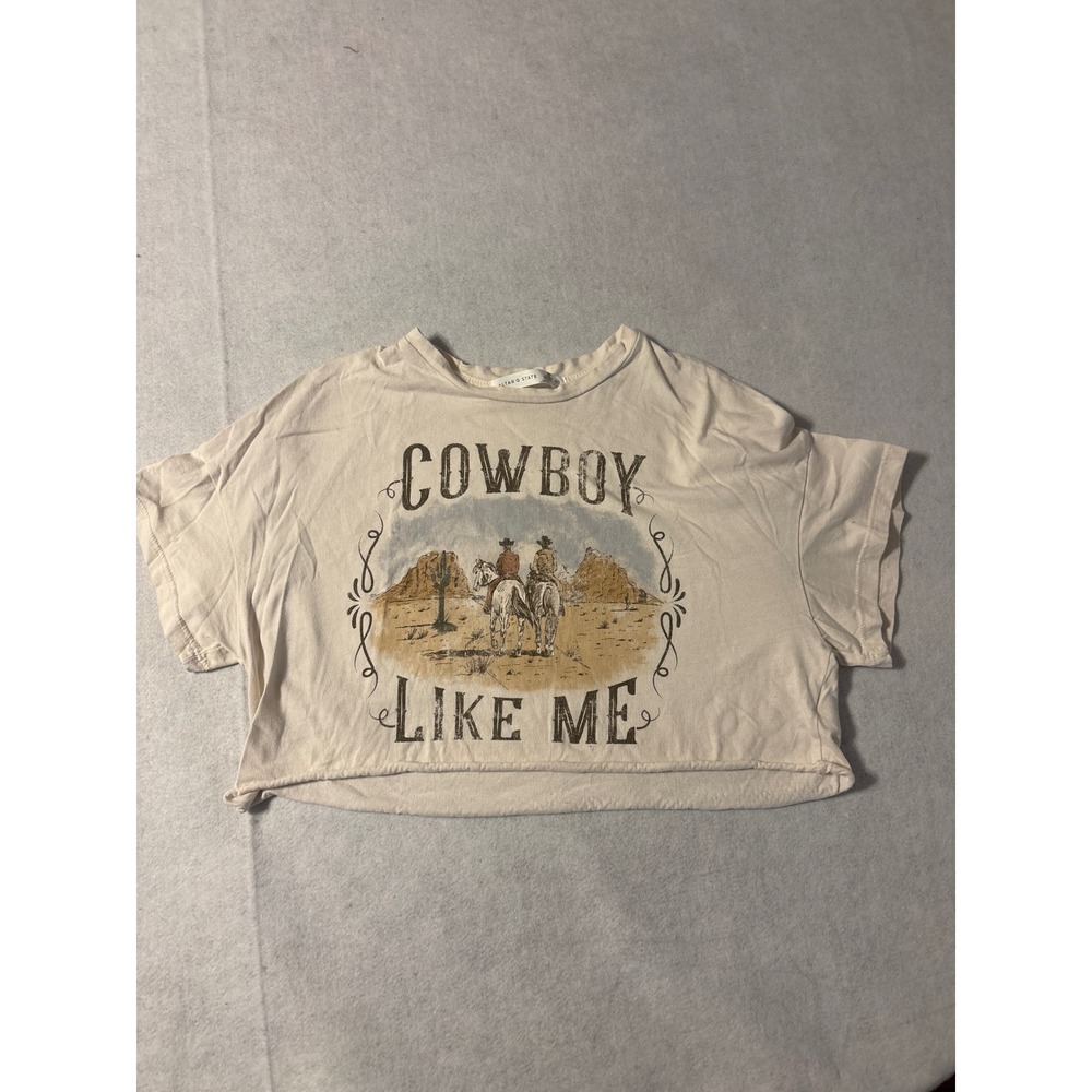 Altar State Kids‎ Graphic Tee Cowboy Like Me Cream XS Cropped Raw Hem